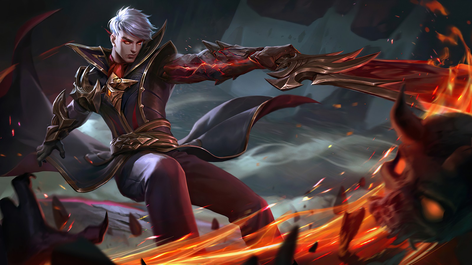 Un homme en tenue rouge tenant une épée et du feu (alucard, inferno ardent, peau, mobile legends, bang bang)