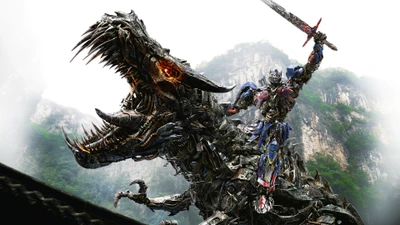 Optimus Prime chevauchant un dragon robotique dans un paysage montagneux majestueux