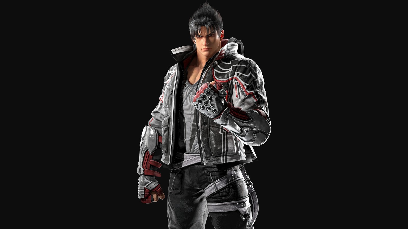 A close up of a person in a leather jacket and gloves (jin kazama, tekken 8, 5k, 8k, dark background)