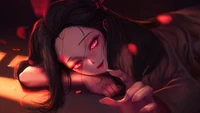 Nezuko Kamado en un momento sereno rodeada de pétalos de rosa, encarnando la esencia de "Demon Slayer: Kimetsu no Yaiba.