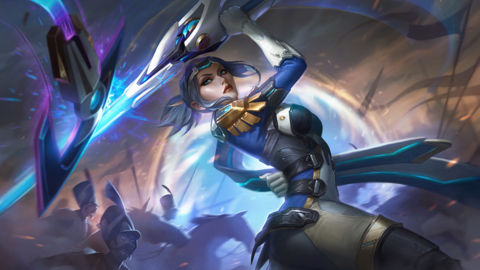 A woman in a blue outfit holding a sword in front of a group of people (pulsefire, fiora, lol, league of legends, video game)