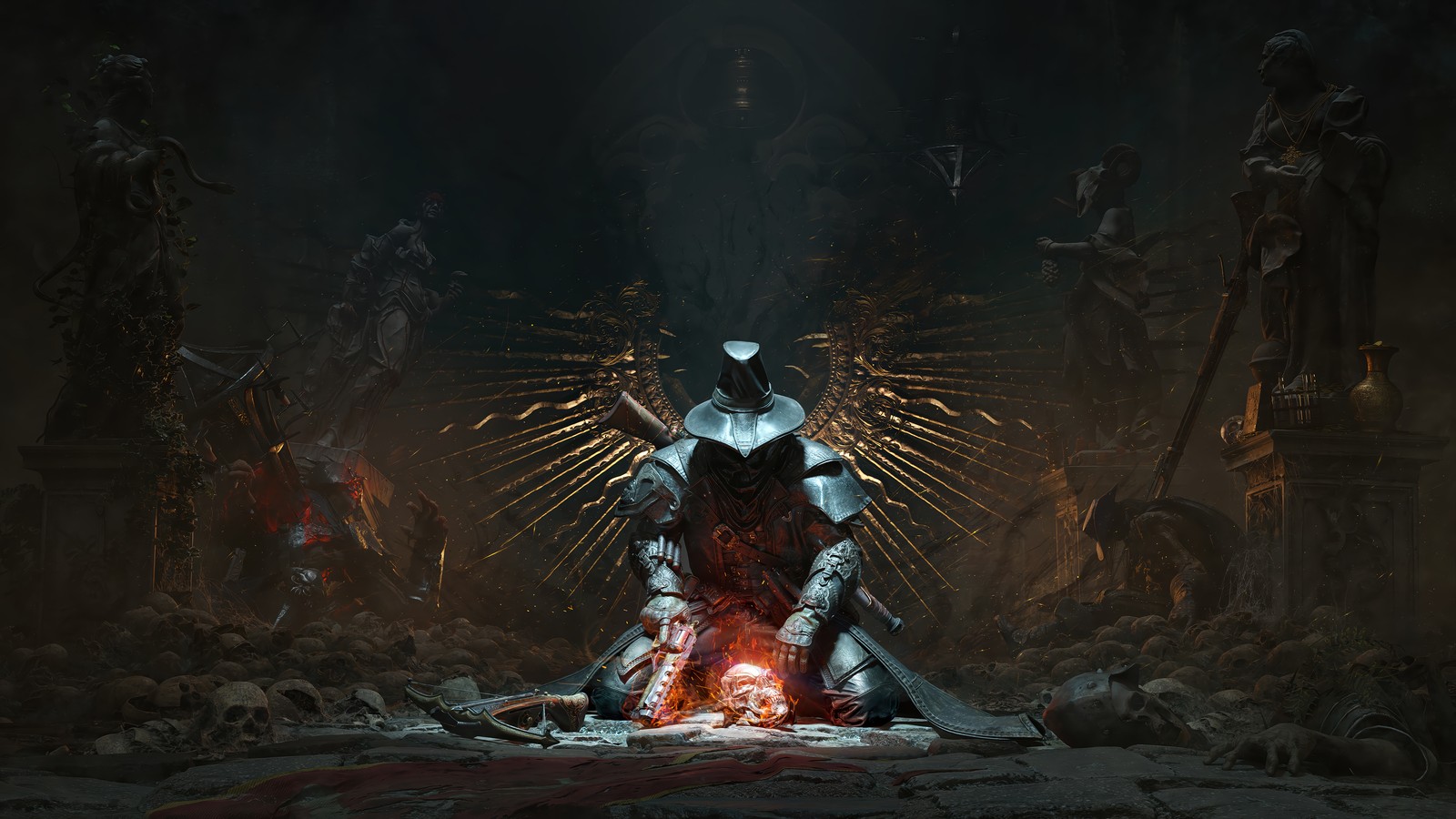 A dark souls sitting on a throne surrounded by skulls and other demonics (witchfire, video game)