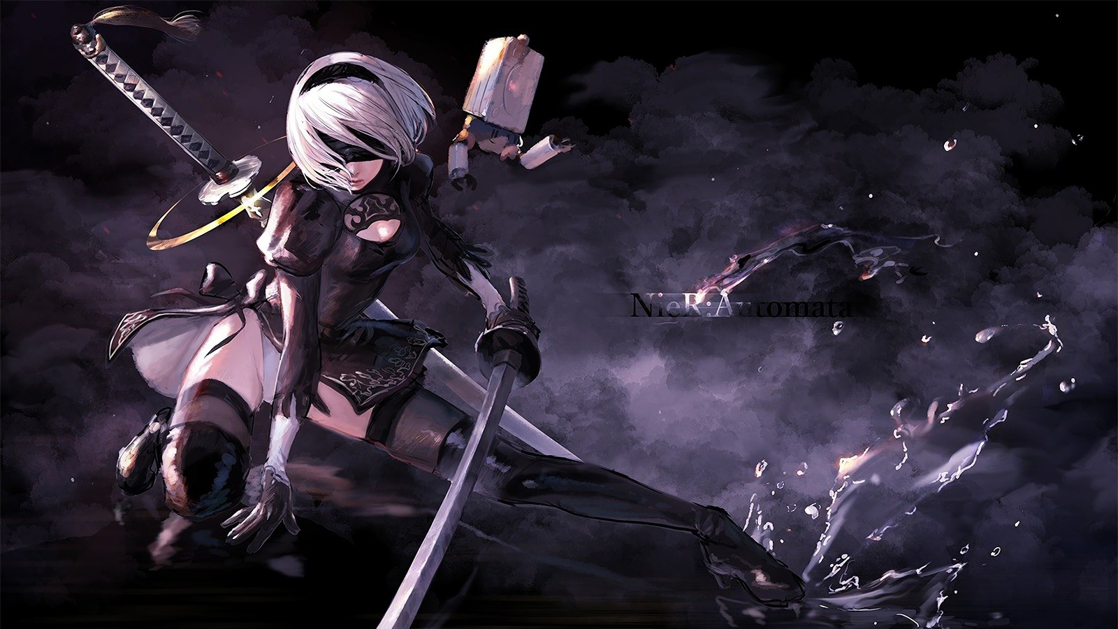 Chica de anime con espada y espada en la oscuridad (yorha 2b, yorha no 2 tipo b, yorha no 2 type b, nier automata, videojuego)