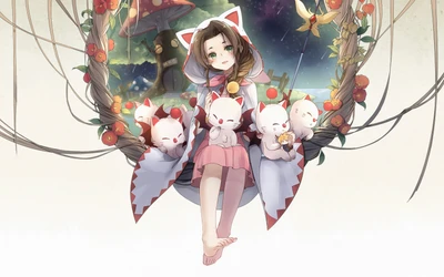 Aerith Gainsborough dans un cadre fantaisiste, entourée de joyeux moogles, alliant fantaisie et charme.