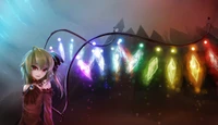 Um personagem místico do Projeto Touhou está em meio a cristais brilhantes, iluminado por cores vibrantes contra um fundo escuro e atmosférico, misturando elementos de anime e arte de fantasia.