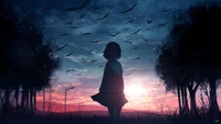 Silhouette d'une fille d'anime contre un lever de soleil vibrant, entourée d'oiseaux volants et d'un paysage serein.