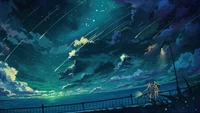 anime, couple, biking, night, sky wallpaper