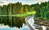 Ruhige Waldlandschaft mit einem friedlichen See, einem sanften Wasserfall und lebhaften Spiegelungen von hohen Bäumen.