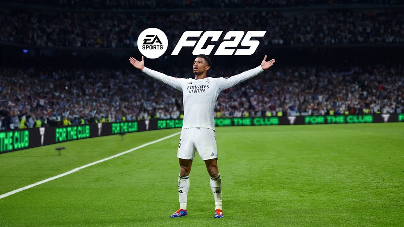 Мужчина стоит на футбольном поле с плакатом (ea sports fc 25, джуд беллингем, jude bellingham, реал мадрид, real madrid cf)