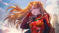 Asuka Langley Soryu en su icónico traje de piloto rojo, exudando confianza contra un fondo de cielo dinámico.