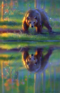 Urso pardo refletindo em um lago tranquilo