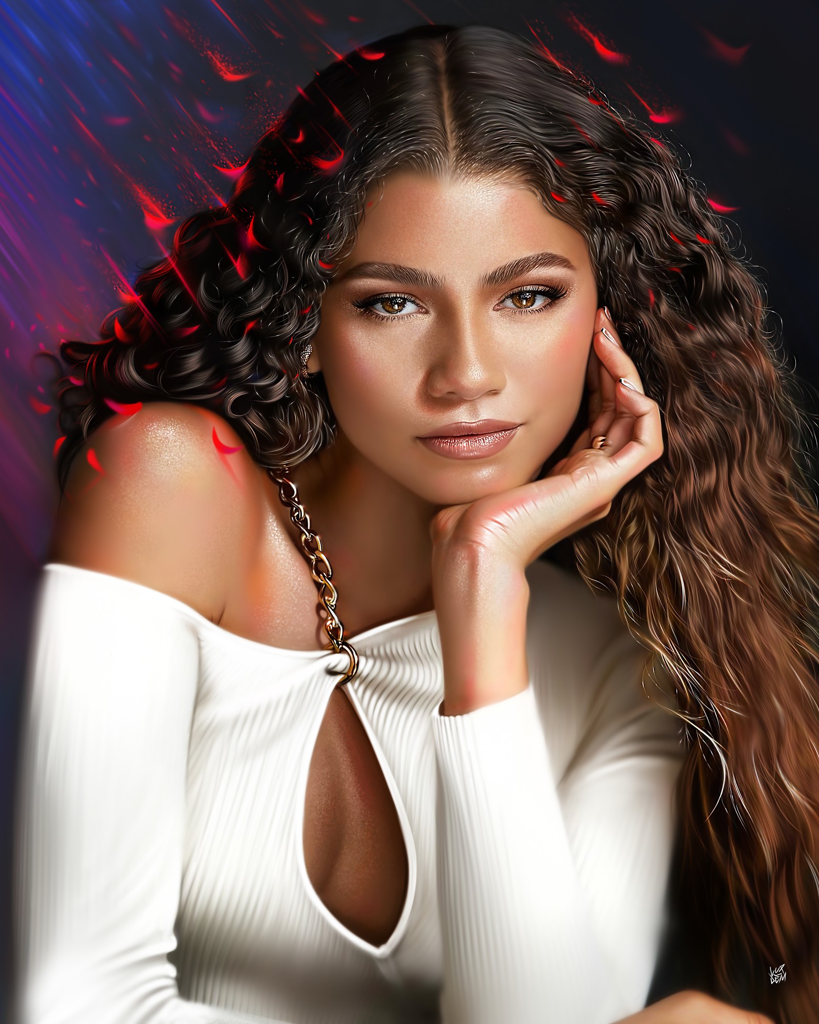 Una mujer con cabello largo y blusa blanca posando para una foto (zendaya, retrato, actriz hermosa, fondos femeninos, ilustración digital)