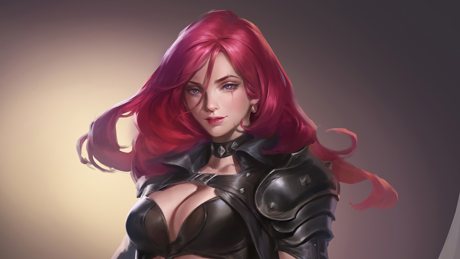 Uma mulher com cabelo vermelho e armadura segurando uma espada (katarina, lol, league of legends, jogo de vídeo, arte)