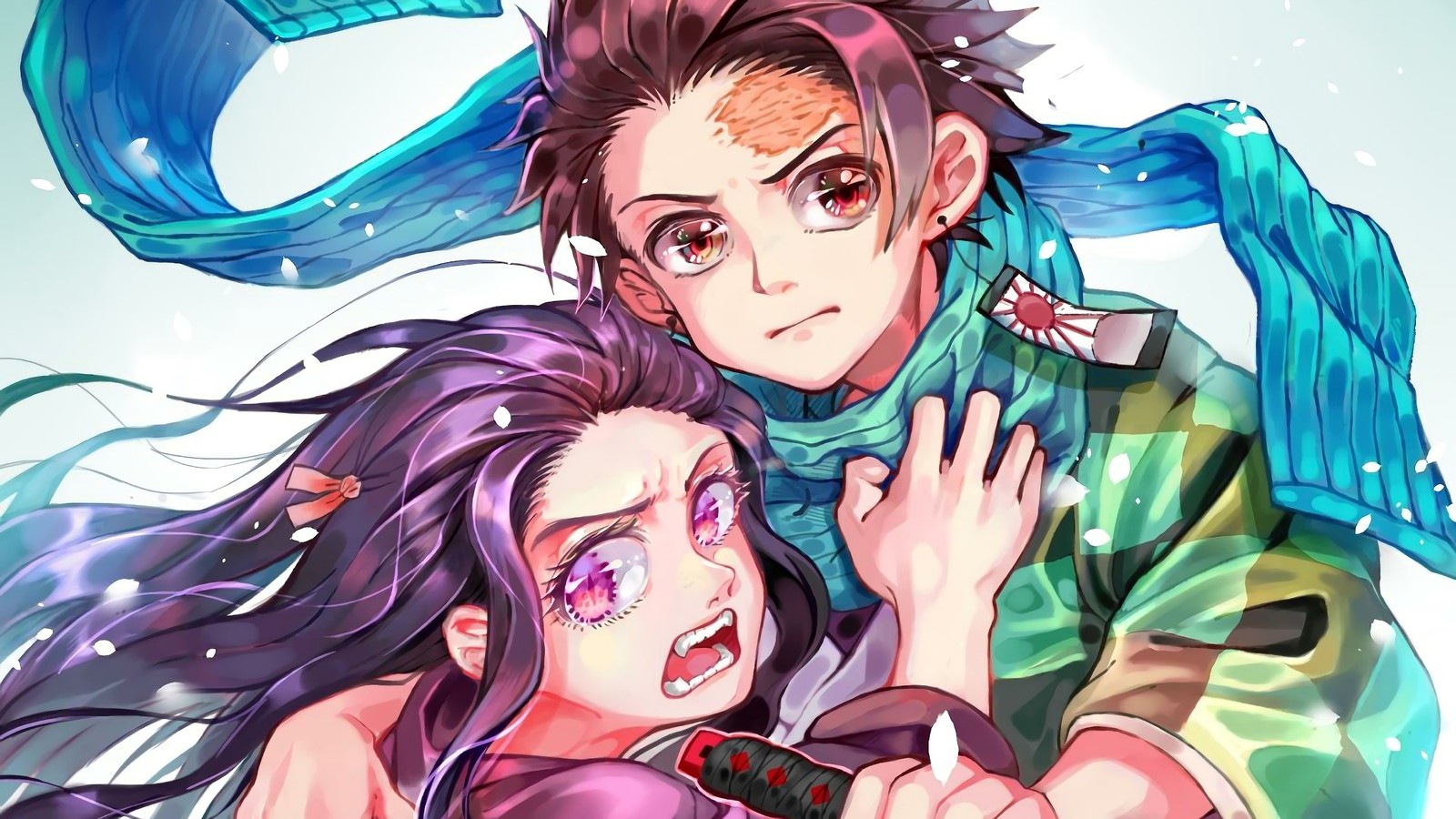 Um casal de personagens de anime se abraçando em frente a um fundo azul (tanjirou kamado, nezuko kamado, kimetsu no yaiba, assassino de demônios kimetsu no yaiba, demon slayer kimetsu no yaiba)