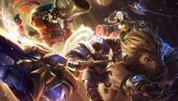 Escena de batalla épica con Jayce empuñando el Brighthammer, acompañado por Sejuani y Bard, ambientada en un mundo de fantasía dinámico y vibrante de League of Legends.