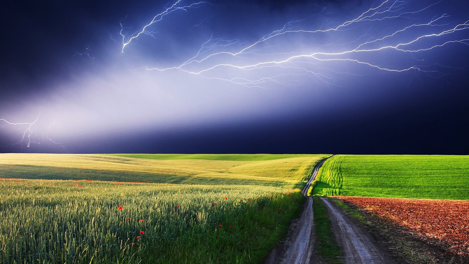 A dark sky with lightning and a dirt road in the middle of a field (weather, natural landscape, nature, thunderstorm, grassland)