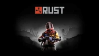 Un personnage en combinaison de protection avec une arme, sur un fond sombre et atmosphérique, avec le titre "RUST" affiché en évidence.