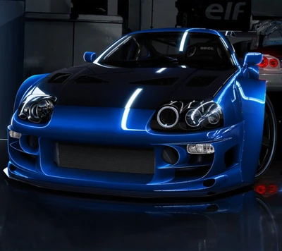 Toyota Supra bleue élégante dans un garage faiblement éclairé