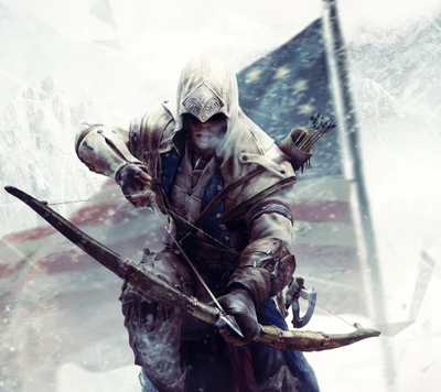 Assassin's Creed III : Connor avec un arc contre un fond hivernal