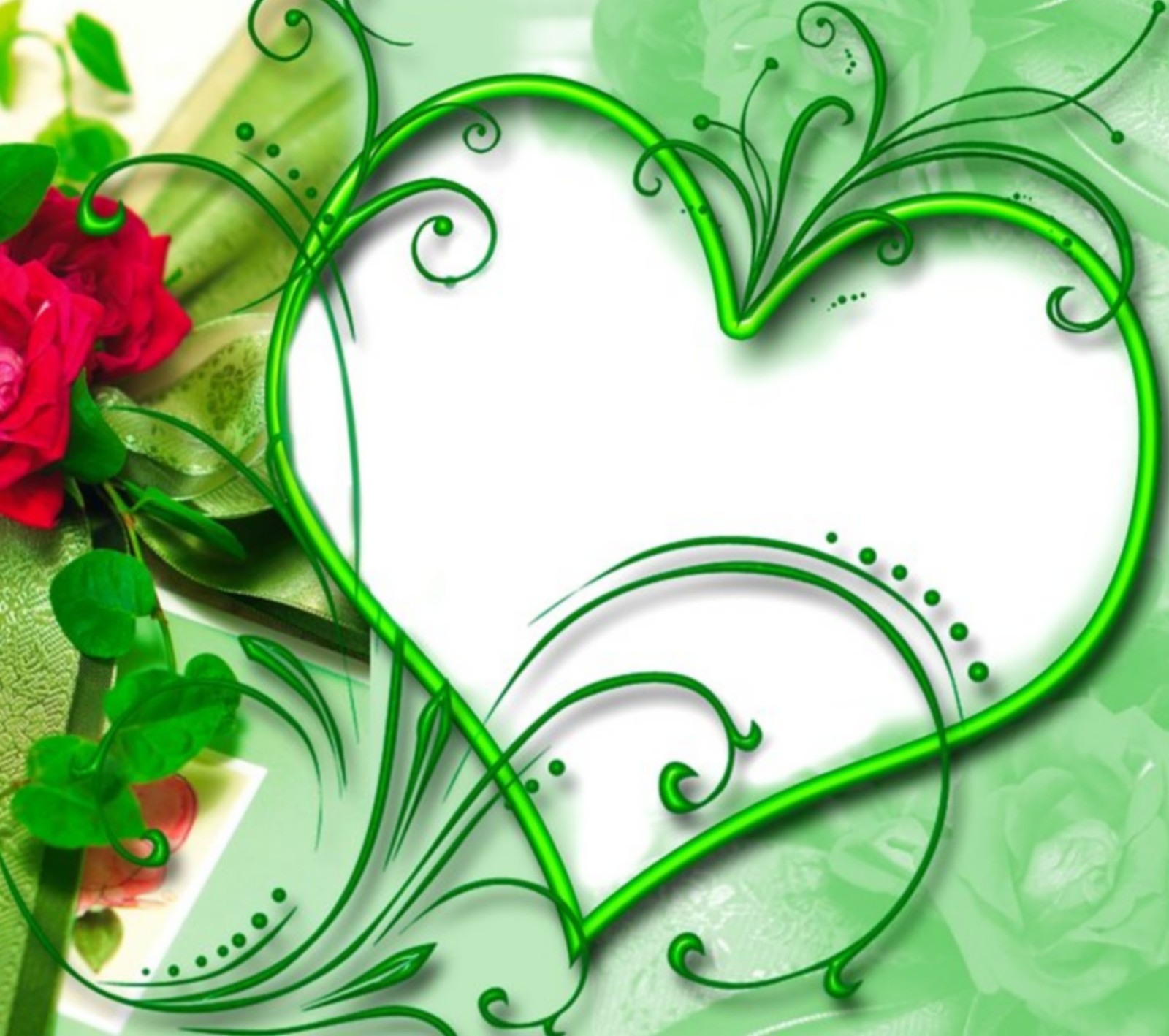 Cadre en forme de cœur vert avec une rose et un ruban vert (cœur, amour, saint valentin)