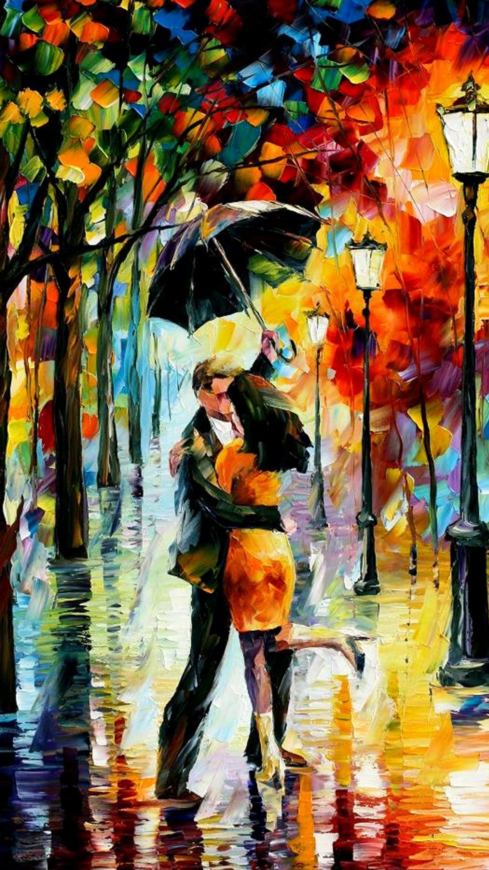 Peinture d'un couple s'embrassant sous un parapluie sous la pluie (art, danseur, leonid aferimov, peinture)