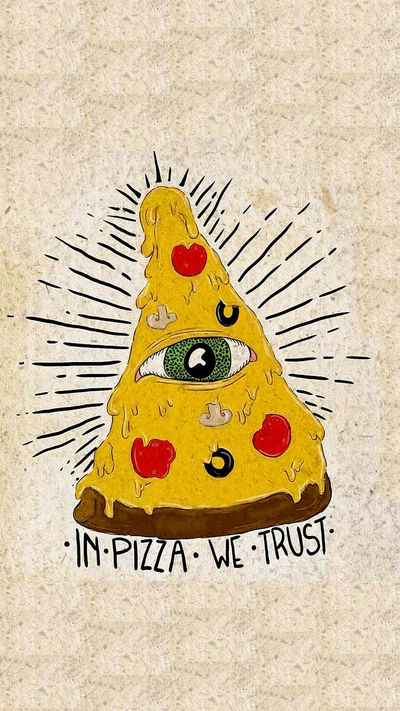 Una ilustración caprichosa de una porción de pizza con un ojo, rodeada de vibrantes ingredientes, con la frase "En la pizza confiamos" en la parte inferior.