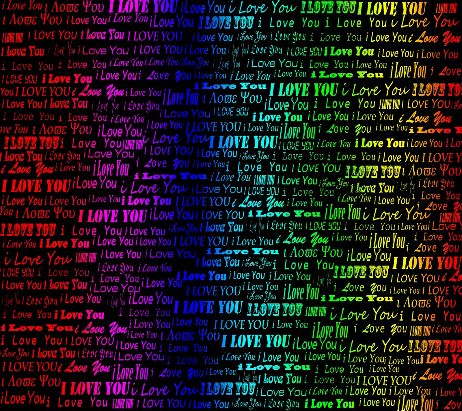 A close up of a rainbow colored wall with many different words (i love you, wallpaper)