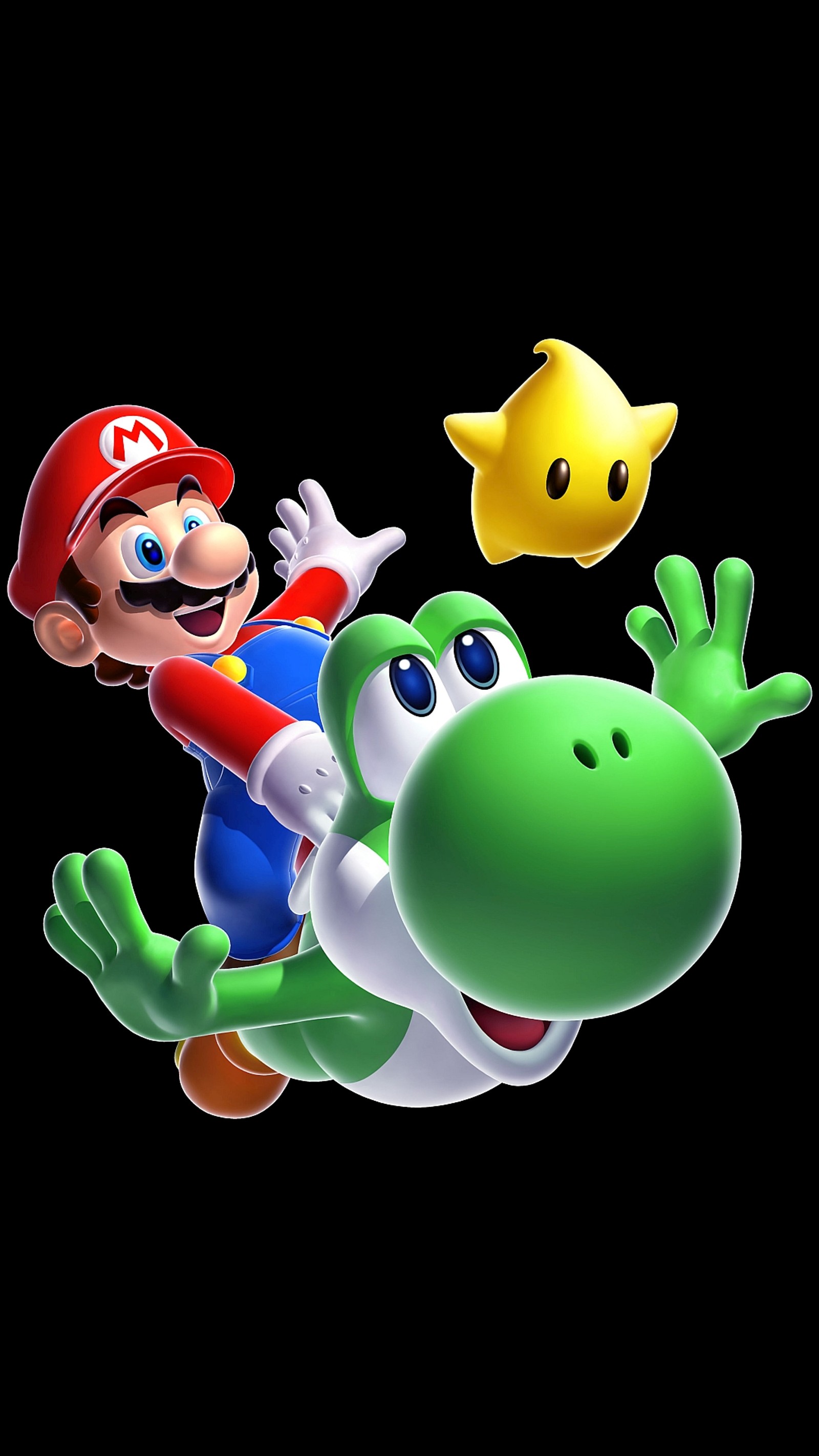 Mario y luigi volando en el aire con una estrella. (mario, montar)