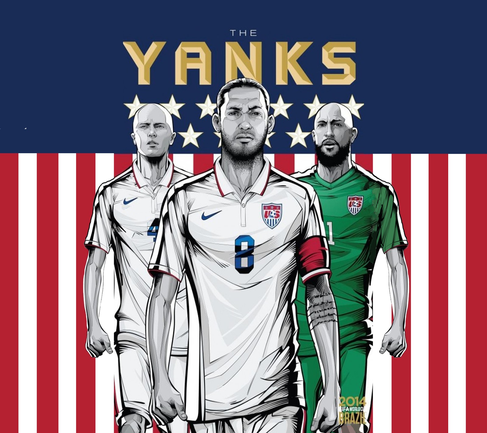 A close up of a poster of three soccer players on a field (2014, america, brasil, fifa, united states)