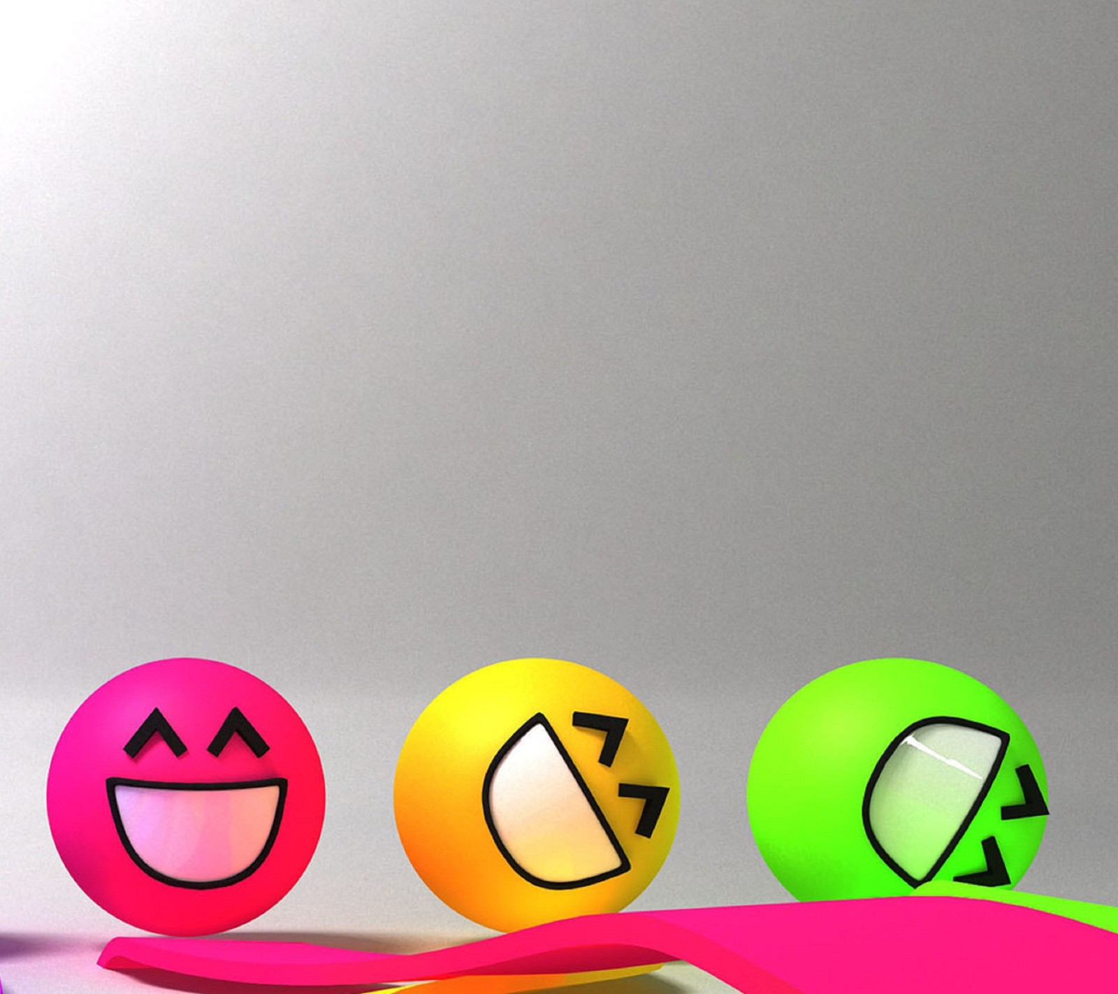 Three balls with different faces are on a pink and green surface (cute, cute face, happiness, happy face, lol)