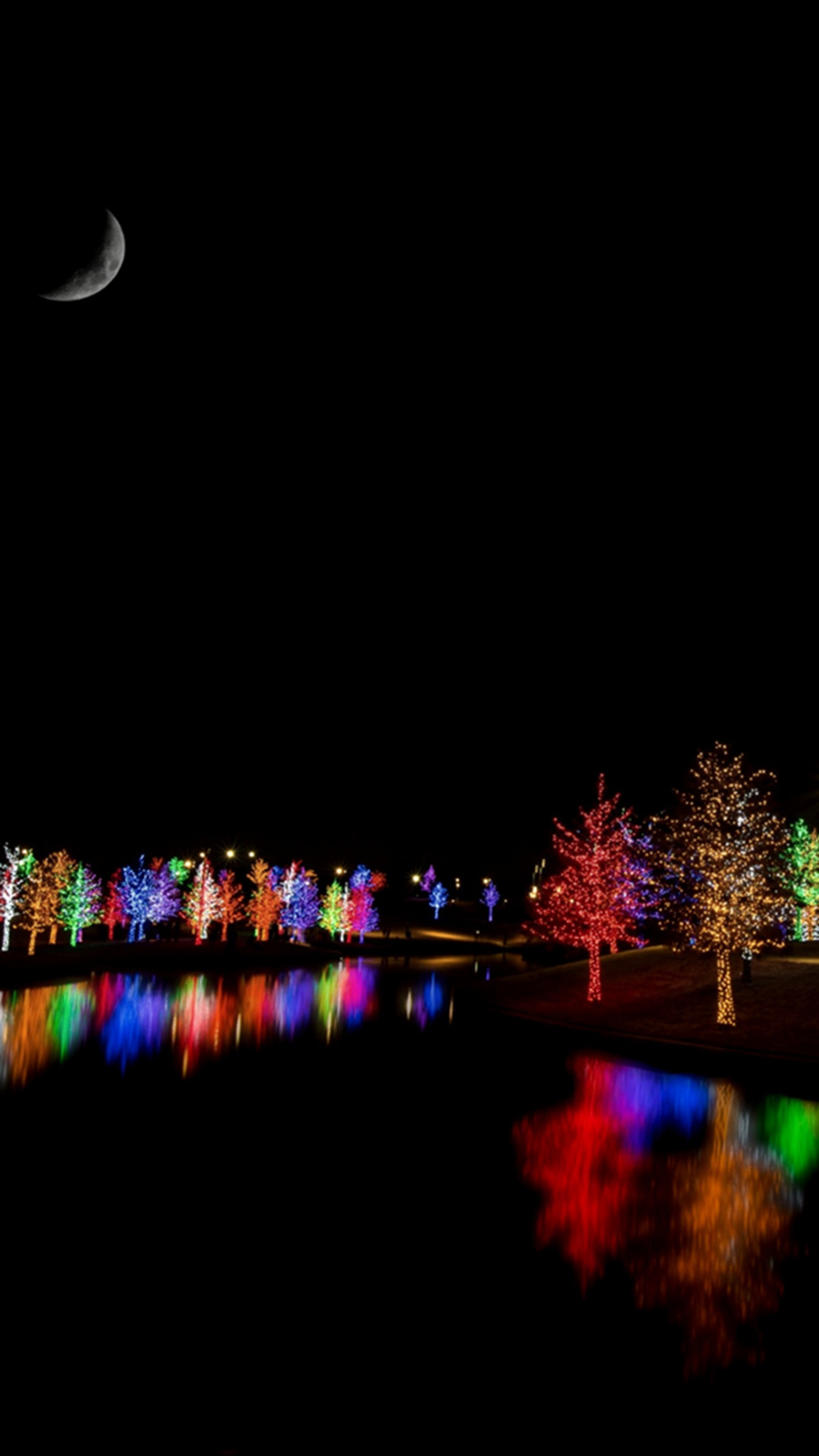 Uma imagem aérea de um lago com uma lua e árvores iluminadas. (natal, árvores)