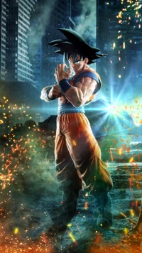 Goku listo para la batalla en medio de un paisaje urbano ardiente