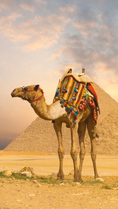 Chameau coloré devant les pyramides d'Égypte