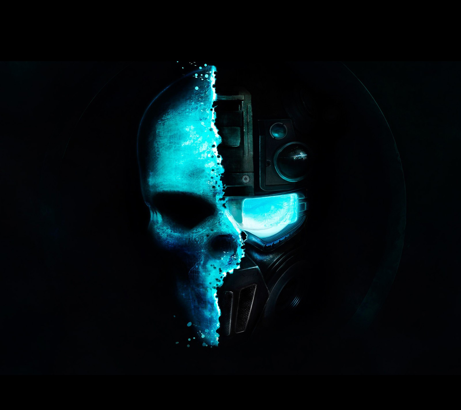 A close up of a person wearing a gas mask with a glowing face (outer, robot, skull, space)