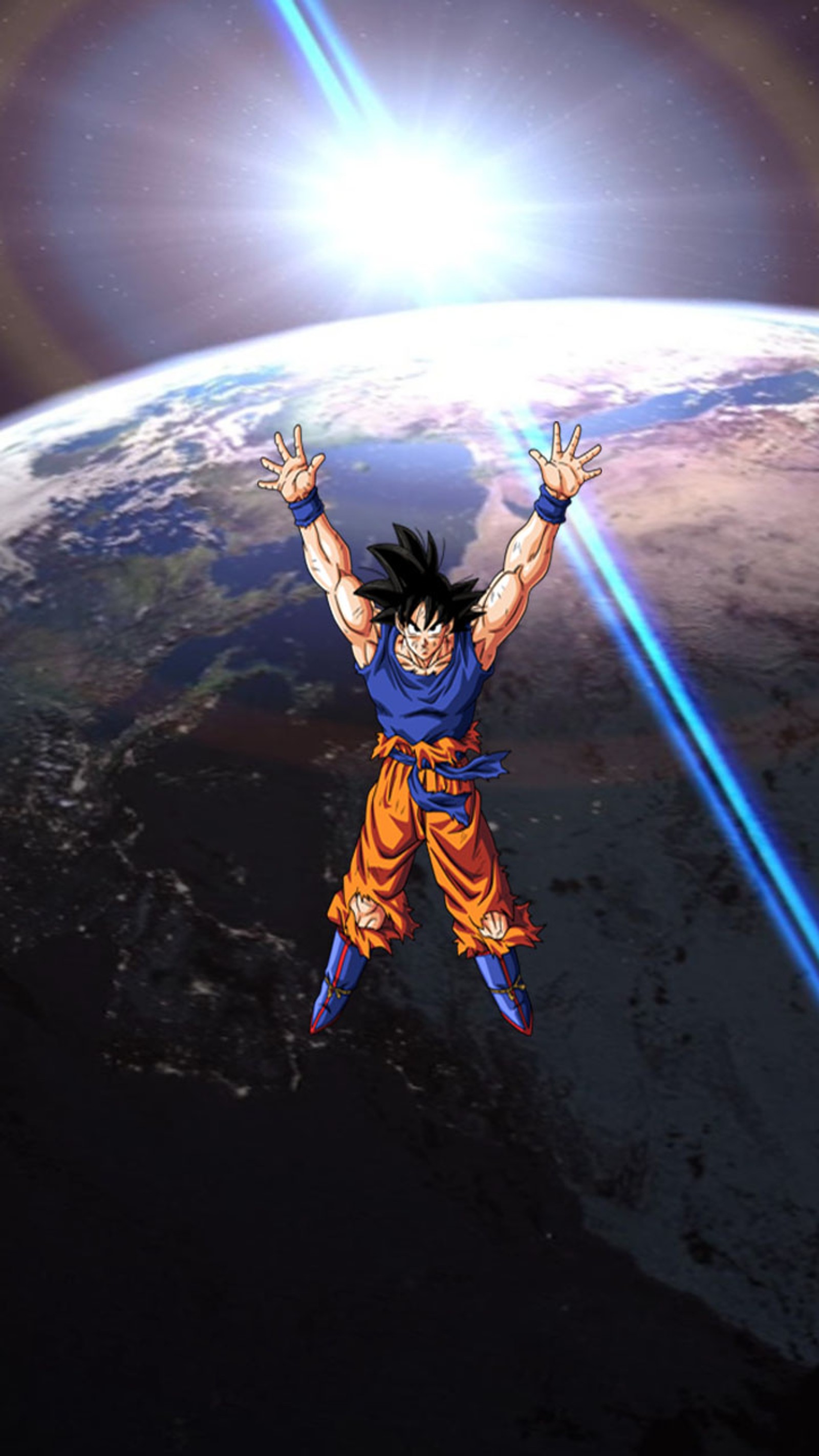 Dragon ball goku voando sobre a terra com uma luz brilhante (bola, dragão, dragonball, genkidama, goku)