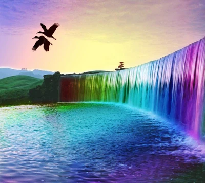 Cascada 3D vibrante con aves voladoras al amanecer