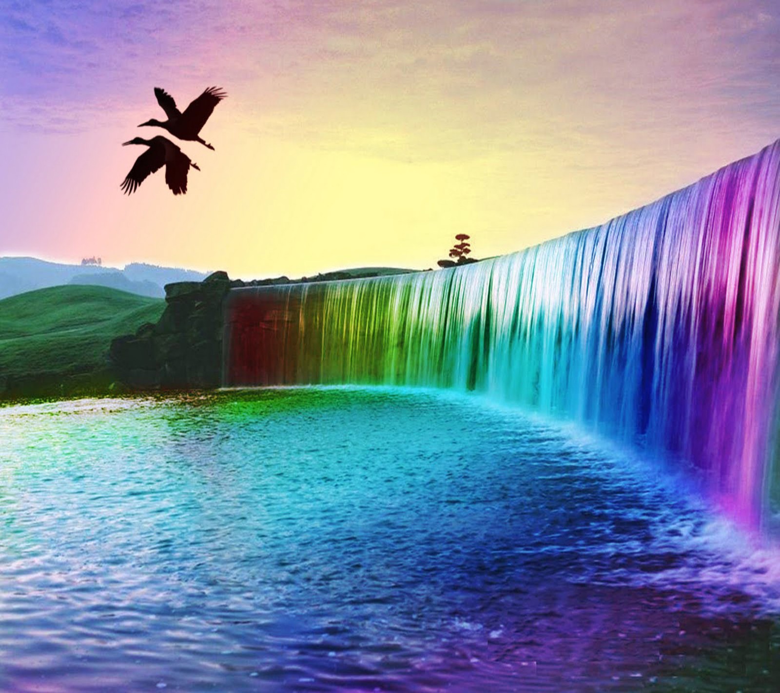 Uma cachoeira com um pássaro voando sobre ela e uma cachoeira colorida (3d, bonito)