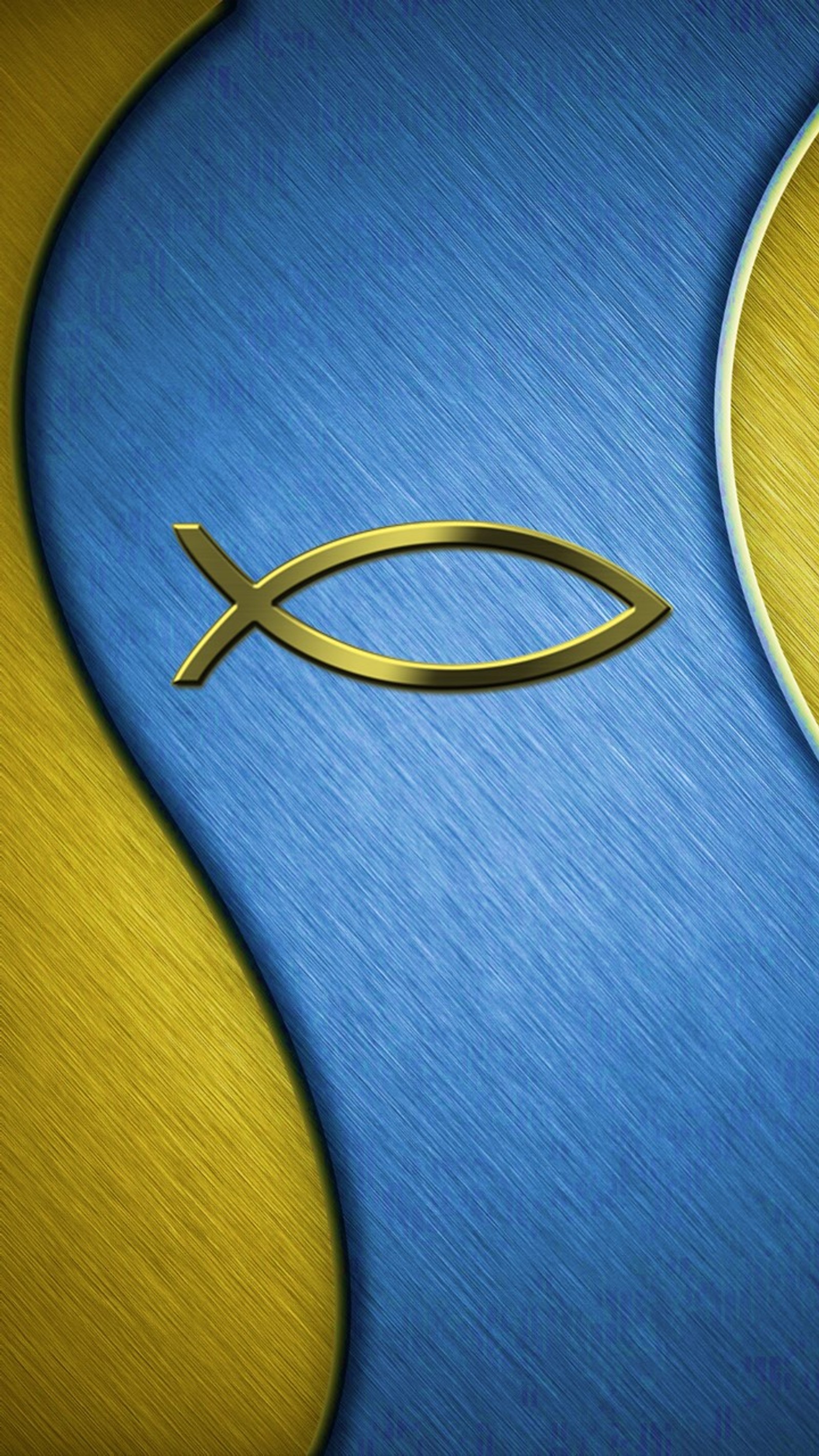 There is a gold fish symbol on a blue and yellow background (christian, ichthus)