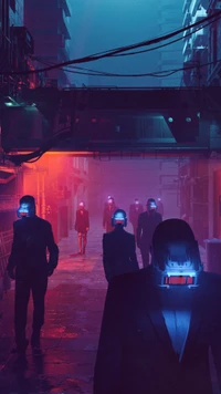 Neon Schatten: Cyberpunk Figuren in einem futuristischen New York Nacht