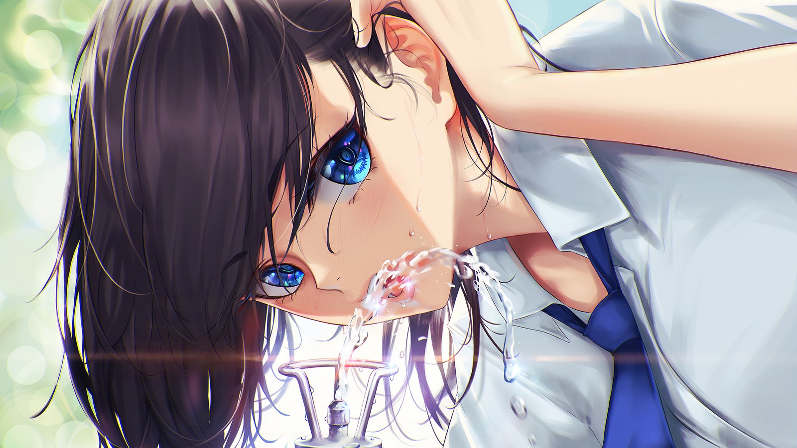 Anime girl with blue eyes and long hair holding her head (beautiful, anime girls, anime, blue eyes, drinking)