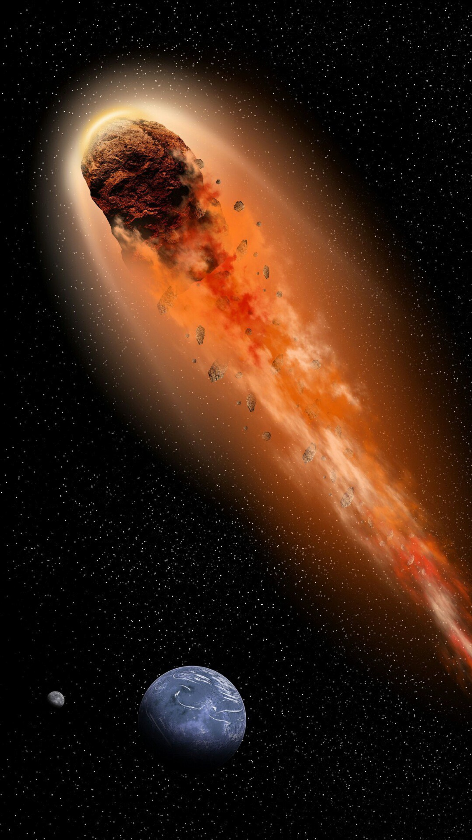 Representación de un cometa con un planeta de fondo (quemar, cosmos, tierra, fuego, planeta)