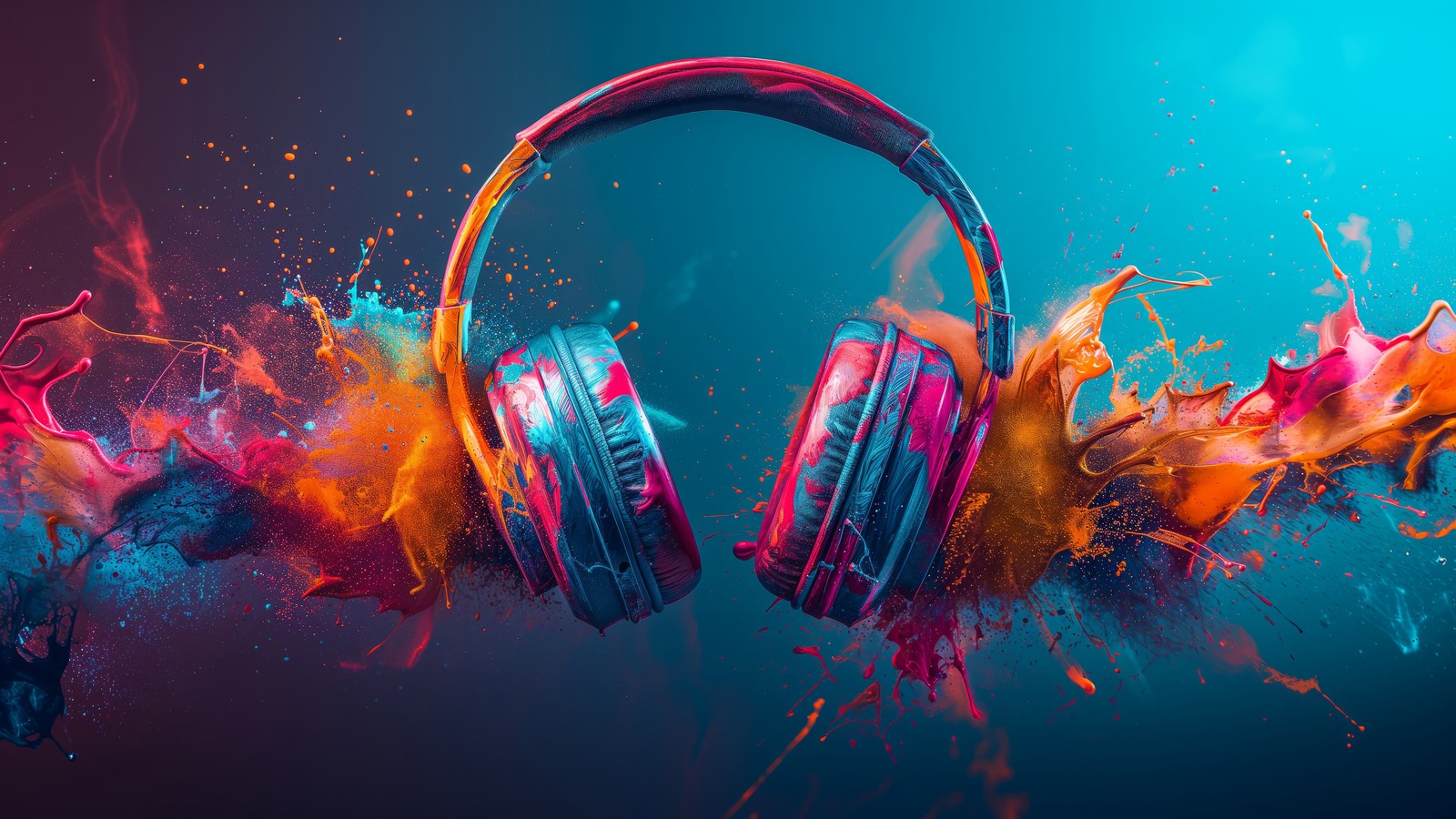 A pair of headphones with colorful paint splashing on them (headphones, paint, color, splash, digital art)