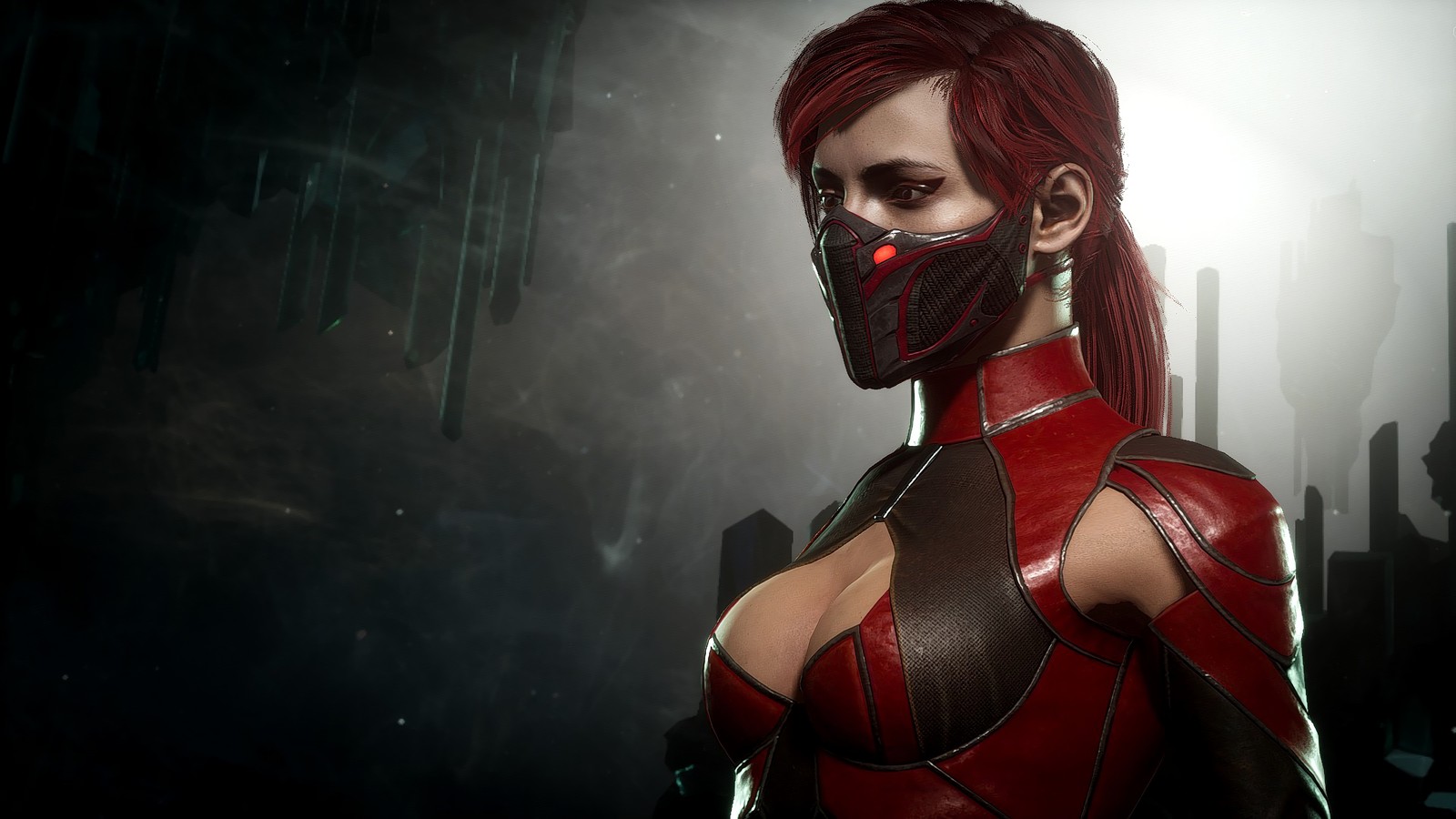 A close up of a woman in a red costume with a mask on (skarlet, mortal kombat 11, video game)