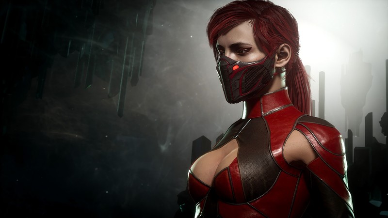 Крупный план женщины в красном костюме с маской (скарлет, skarlet, mortal kombat 11, видеоигра)