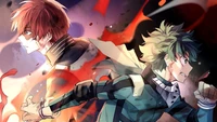 Shoto Todoroki und Izuku Midoriya in einer dynamischen Kampfszene aus Mein Held Akademie