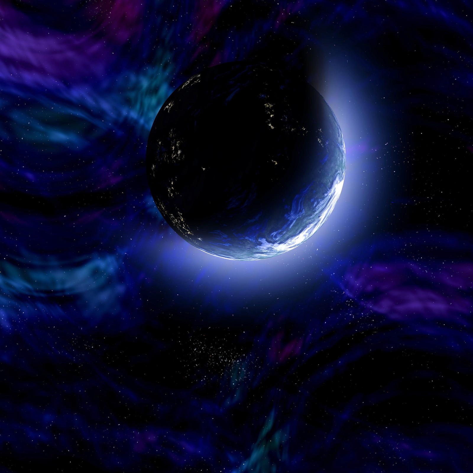 A close up of a black hole with a bright blue light (earth, planet, universe, star, astronomical object)