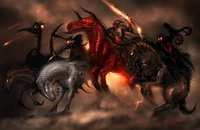 Dark Fantasy: A Mythical Battle of Demonic Steeds and Fiery Riders