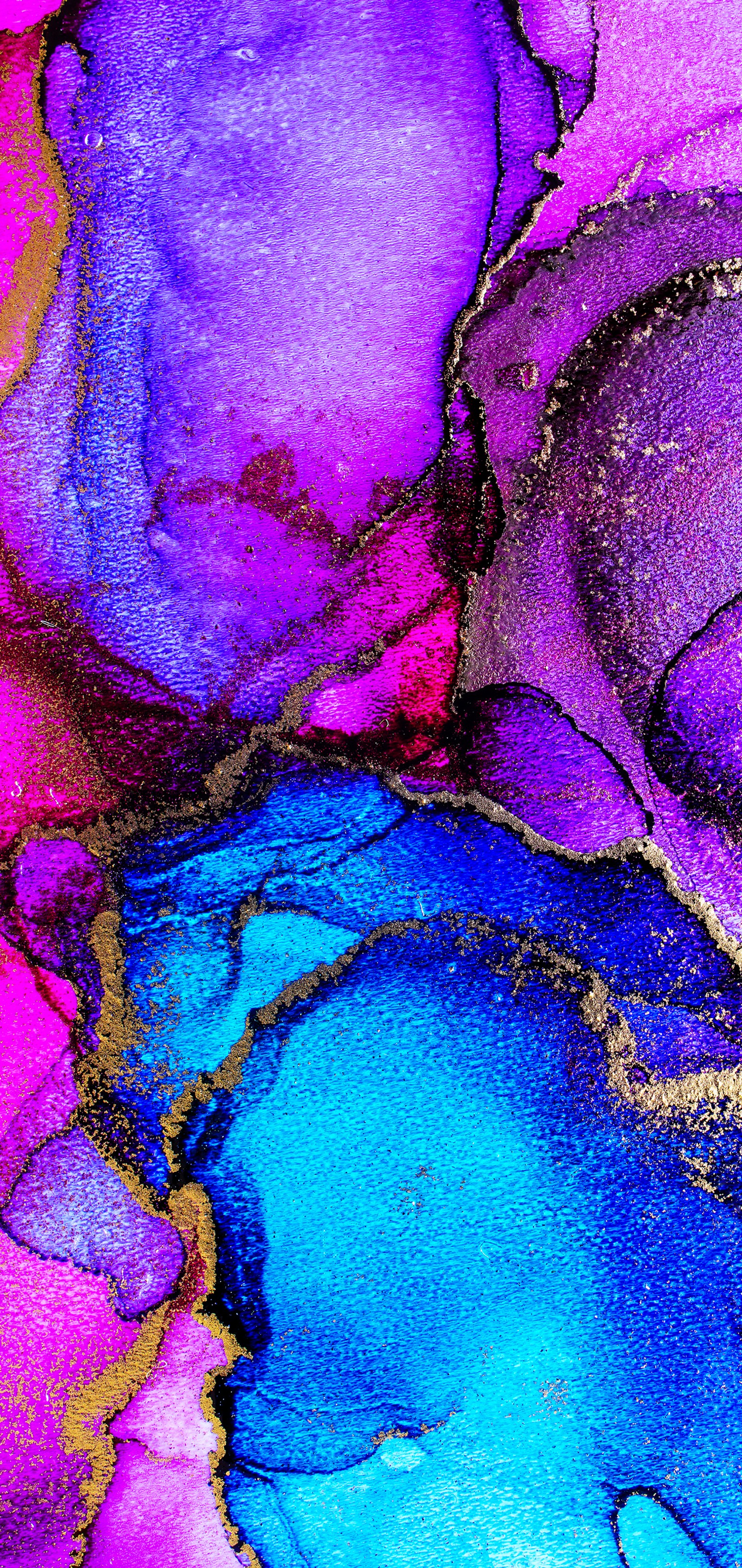 A close up of a painting of a purple and blue background (flower, purple, azure, paint, fluid)