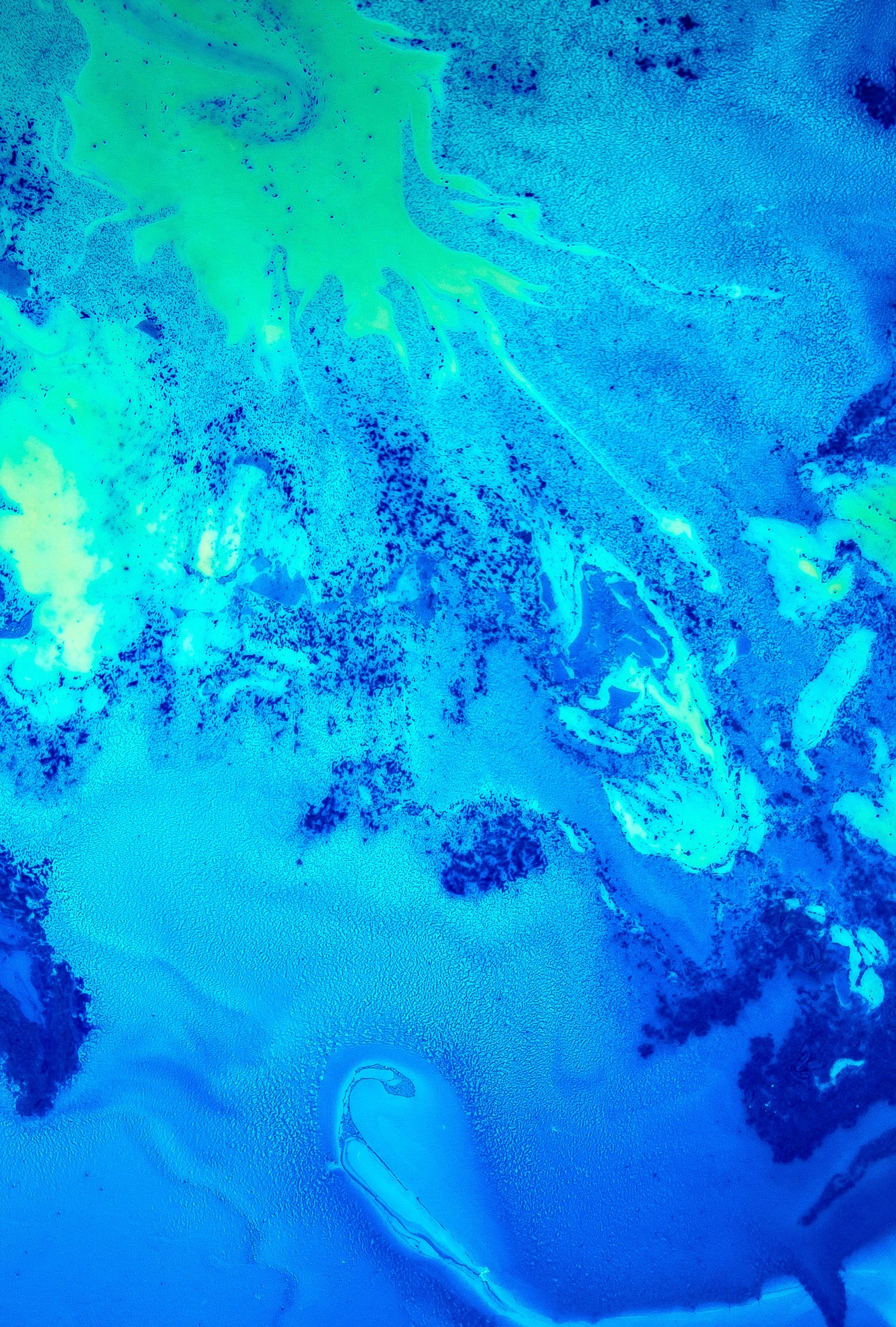 There is a blue and green painting of a person in a bathtub (paint, water, water resources, liquid, blue)