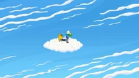 Finn and Jake on a floating cloud in a vibrant blue sky.